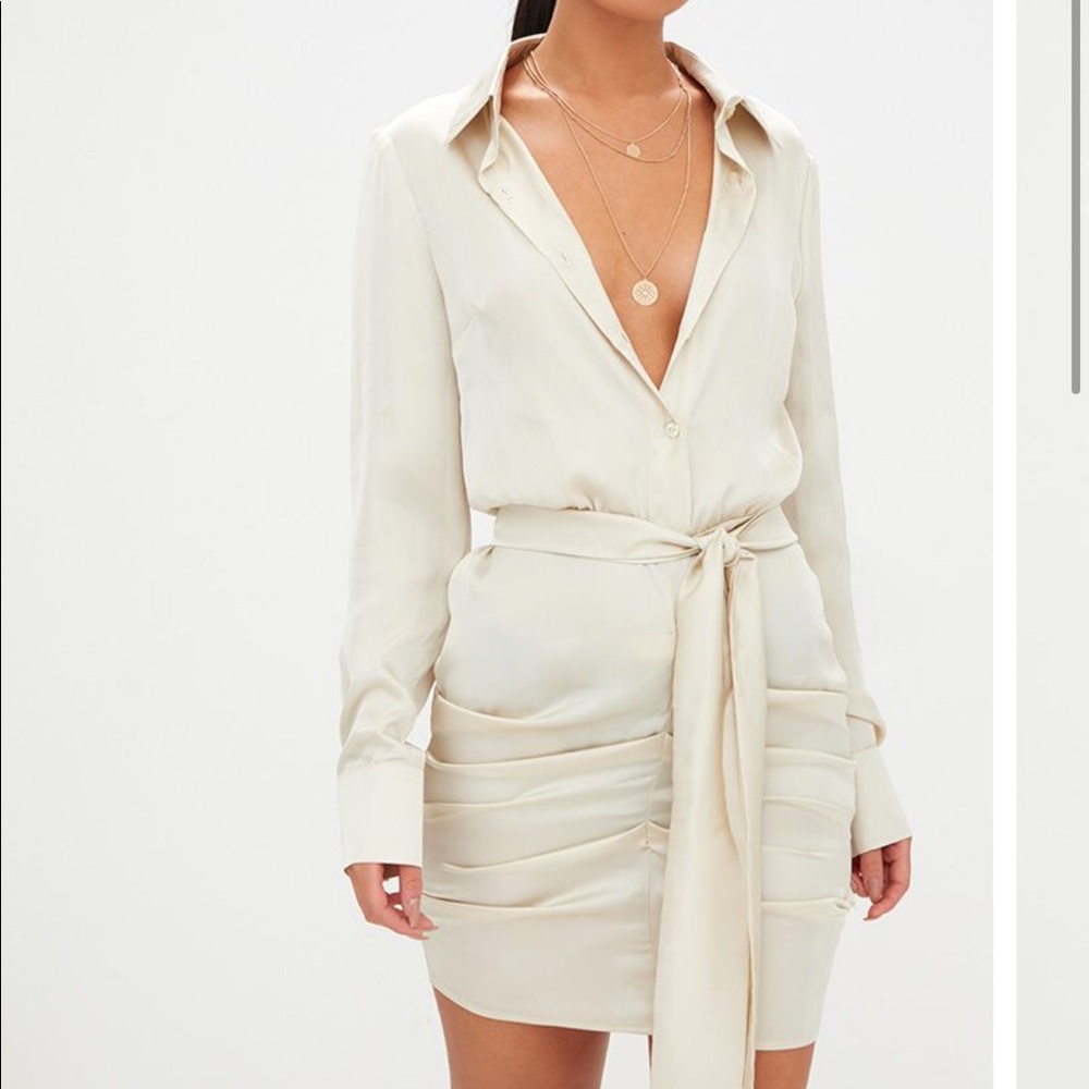 PLT champagne satin ruched shirt dress